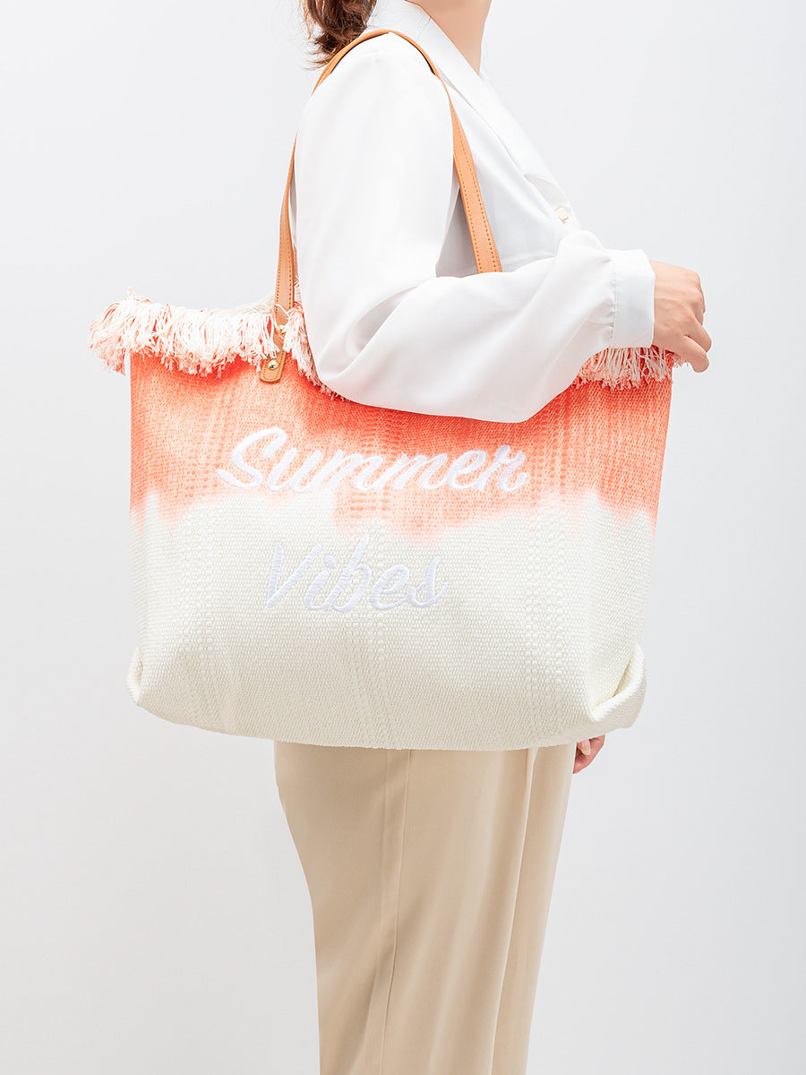 Embroidered Tassel Canvas Magnetic Snap Commuter Shoulder Bags