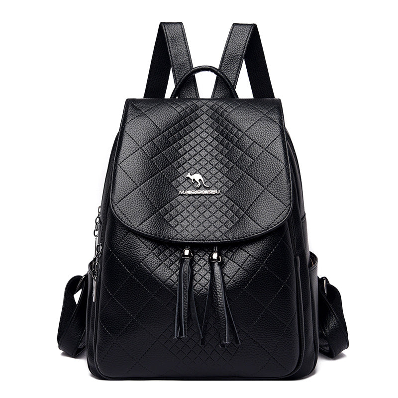 Women's Female Soft Leather Tassel Pendant Rhombus Backpacks
