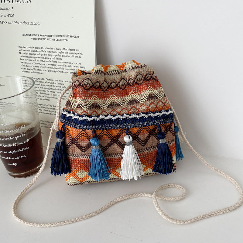 Women's Embroidery Striped Tassel Drawstring Yunnan Vintage Bags
