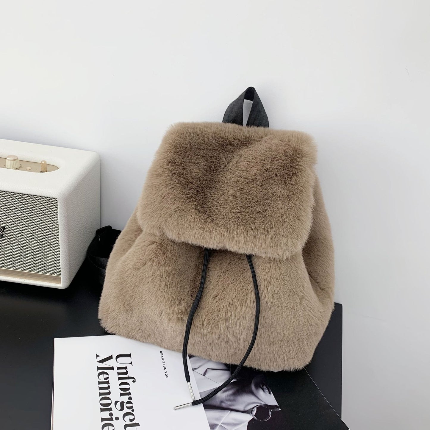 Plush Faux Rabbit Fur Large Capacity Drawstring Leopard Print Handbags