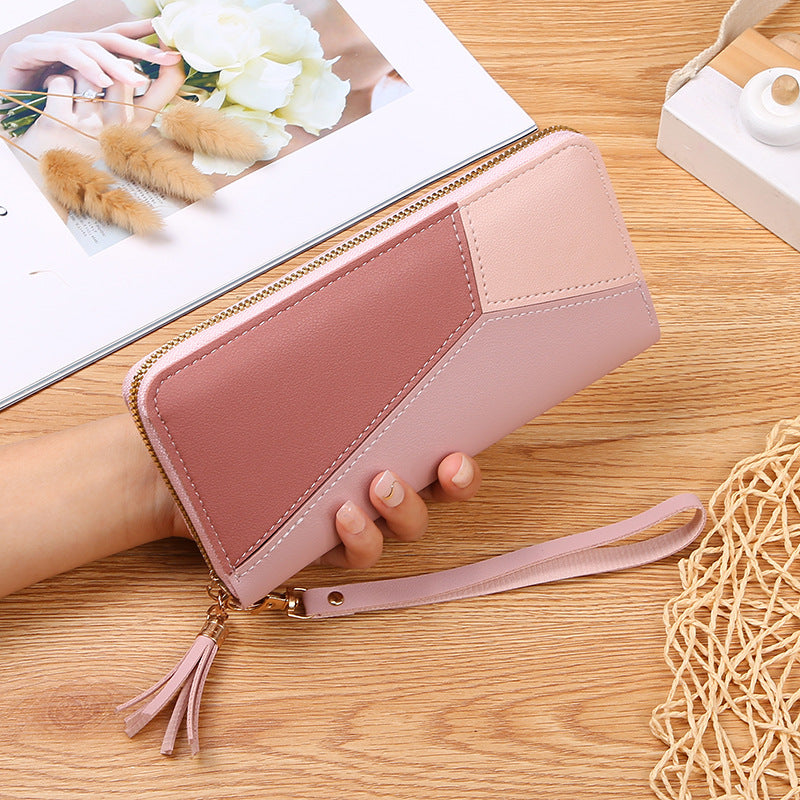 Women's Portable Color Contrast Patchwork Zip Tassel Large Capacity Ladies Wallet