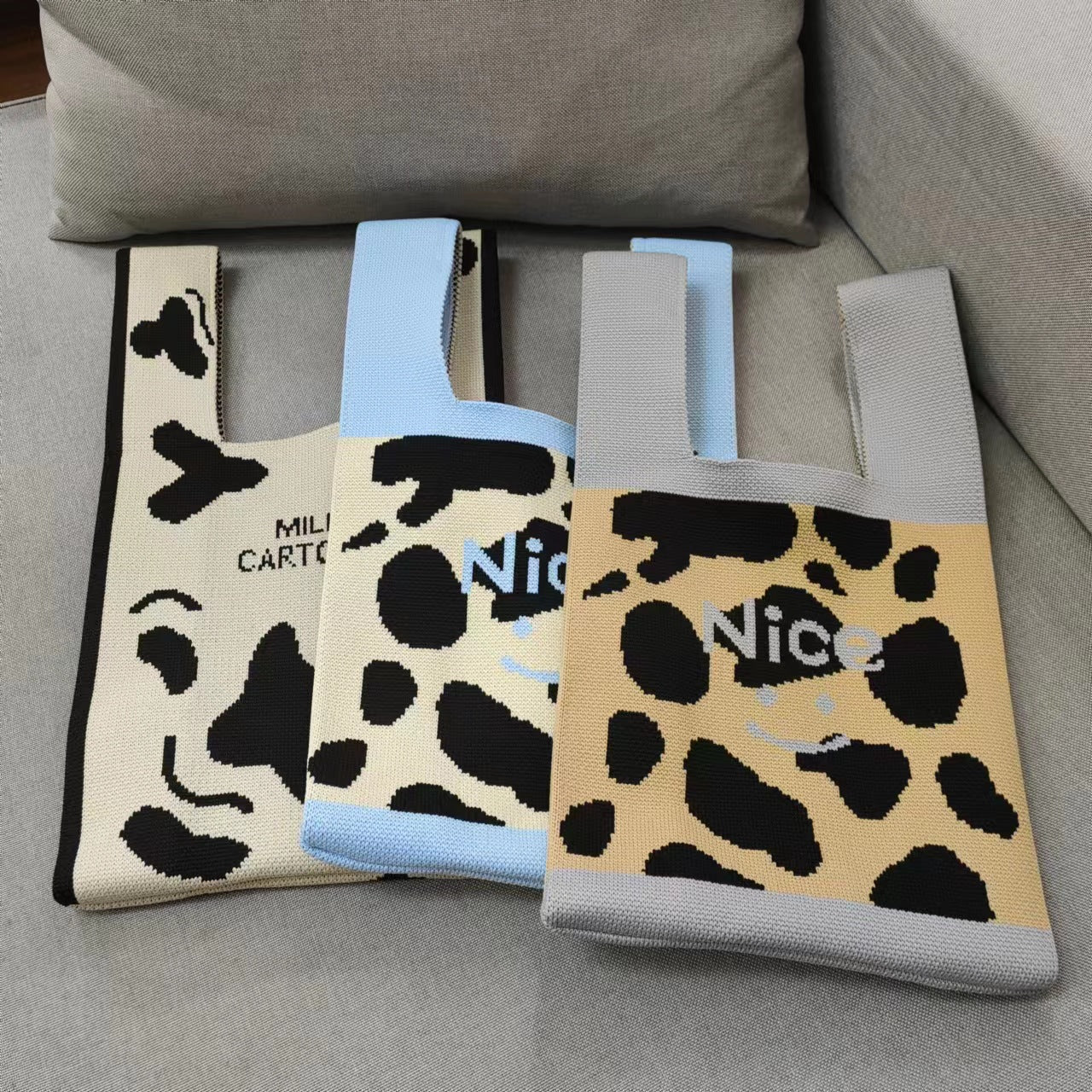 Women's Cow Spot Wool Knitted Woven Underarm Shoulder Bags