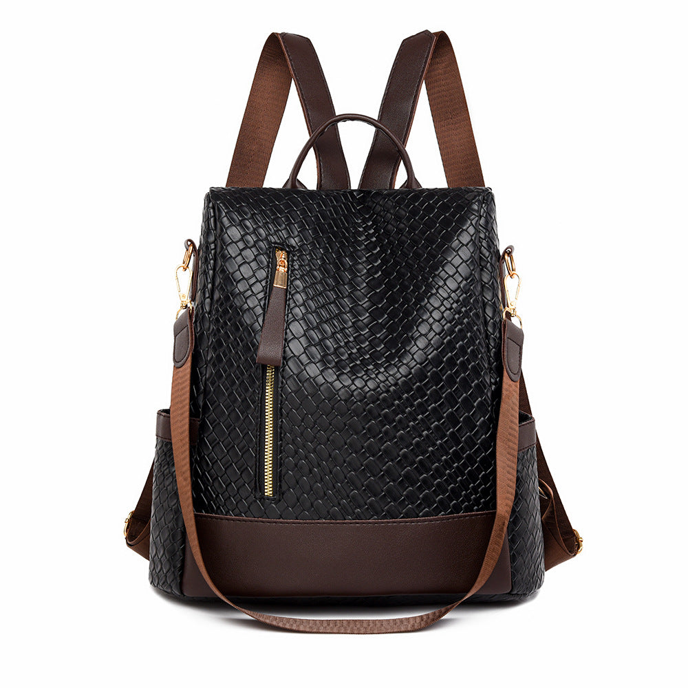 Women's Soft Leather Fashion Color Contrast Woven Backpacks
