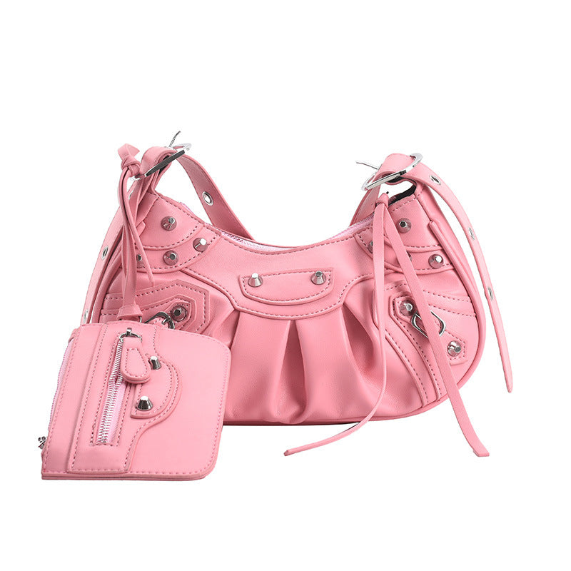 Women's Pleated Crescent Son Mother Retro Rivet Shoulder Bags