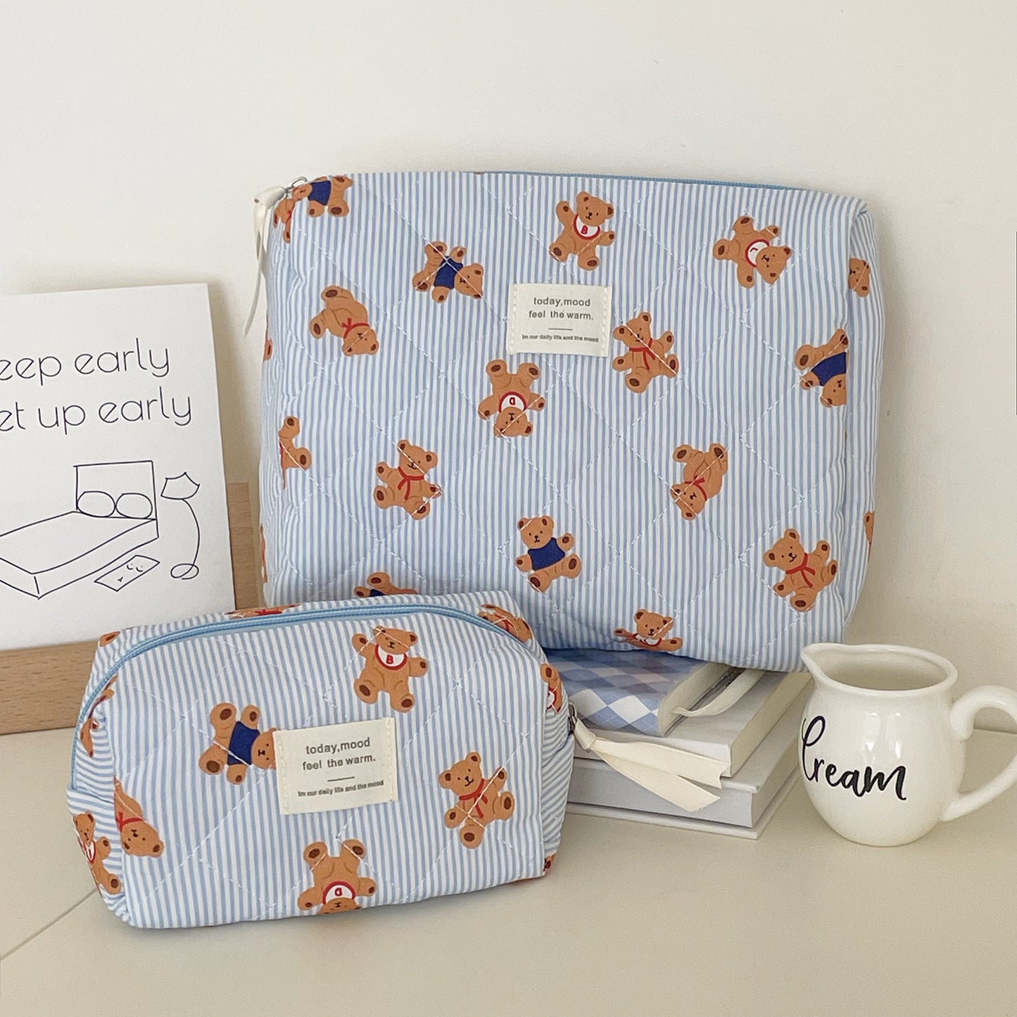 Blue Striped Bear Cartoon Girlish Portable Large Capacity Cosmetic Bags