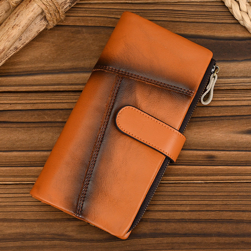 Men's Vintage Leather Brushed Long Cowhide Stitching Multiple Slots Fashion Men's Wallets
