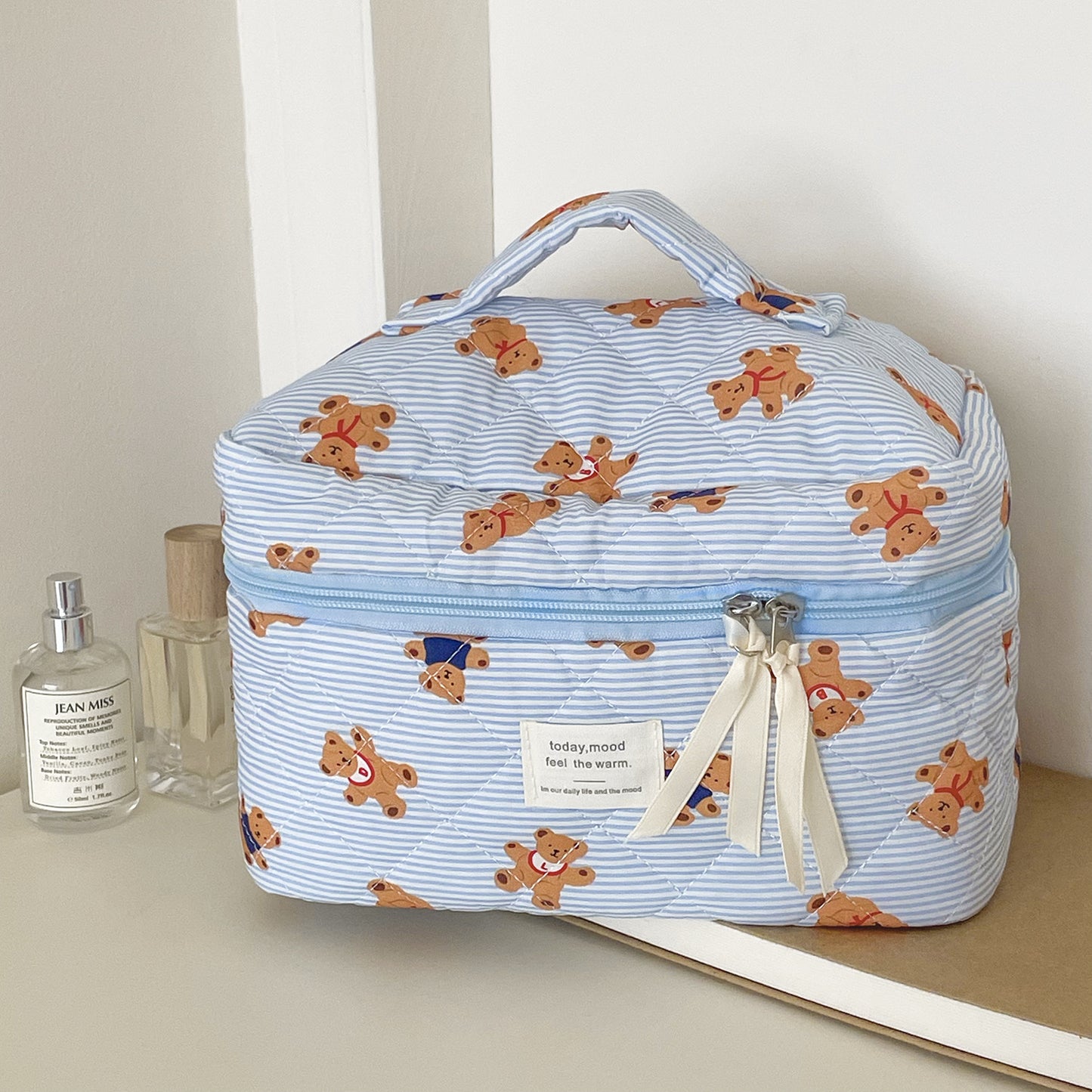 Blue Striped Bear Cartoon Girlish Portable Large Capacity Cosmetic Bags
