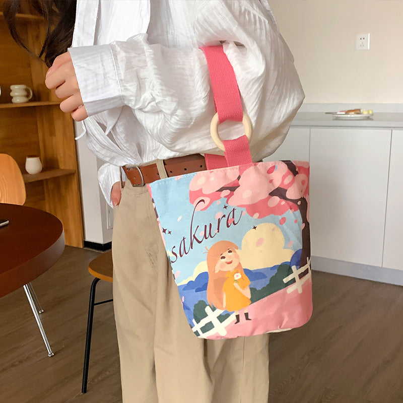 Cartoon Canvas Female Lunch Box Ethnic Handbags