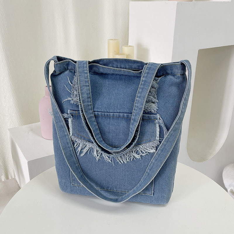 Canvas Denim Washed Cloth Tassel Large Shoulder Bags