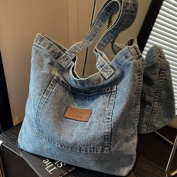 Style Leisure Artistic Washed Denim Cloth Texture Large Crossbody Bags