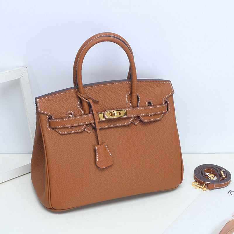 Large Capacity Lychee Pattern Kelly Genuine Cattlehide Leather Handbags