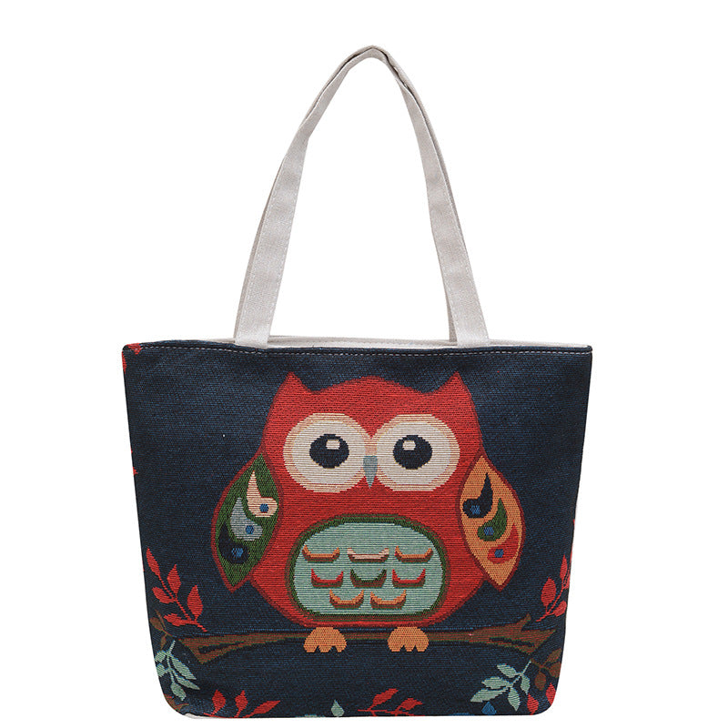 Women's Autumn Korean Style Woven Flower Cartoon Owl Canvas Shoulder Bags