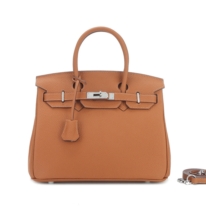 Large Capacity Lychee Pattern Kelly Genuine Cattlehide Leather Handbags