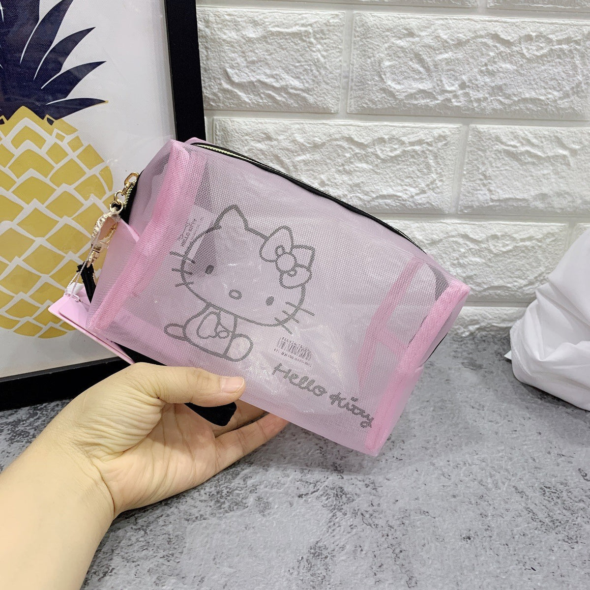 Cat Image Mesh Portable Pouch Large Capacity Makeup Bag