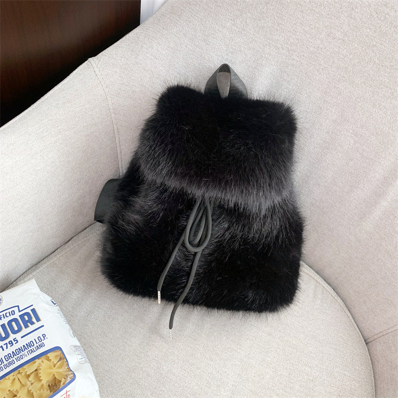 Plush Faux Rabbit Fur Large Capacity Drawstring Leopard Print Handbags