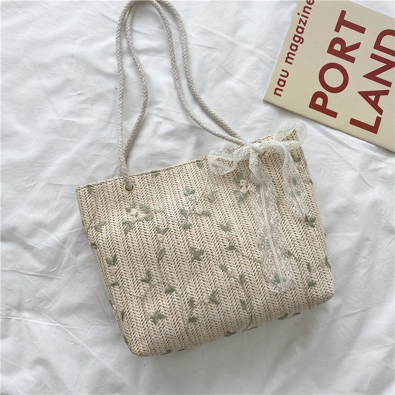 Women's Straw Woven Fresh Bow Lace Portable Shoulder Bags