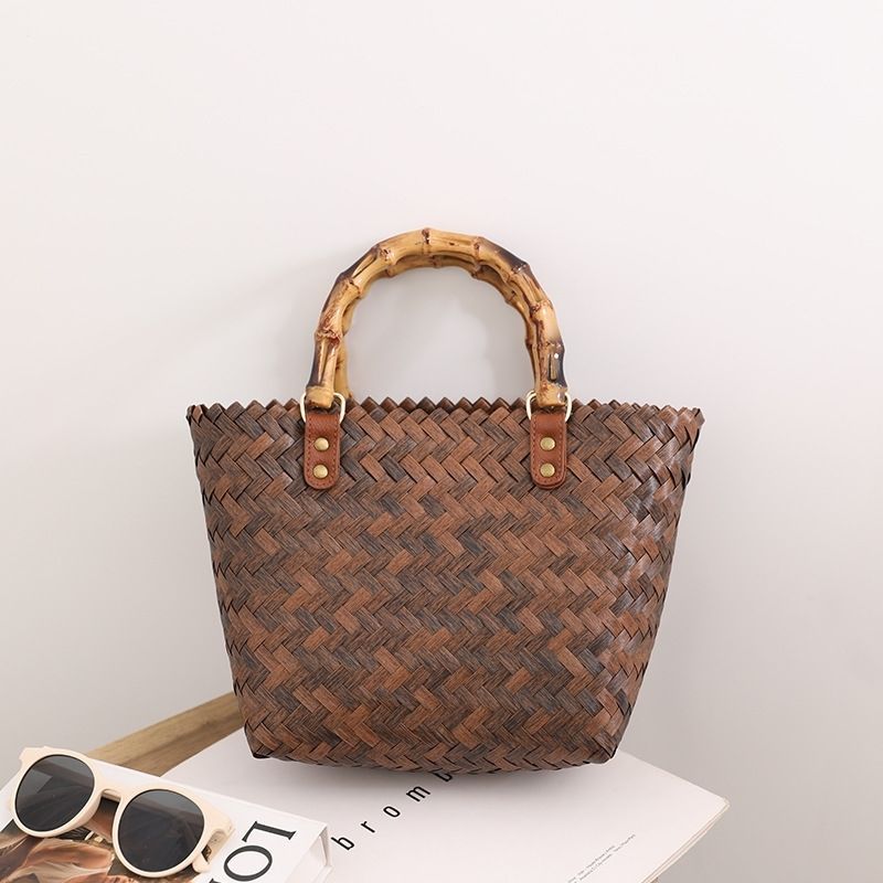 Women's Straw Woven Bamboo Beach Vintage Handle