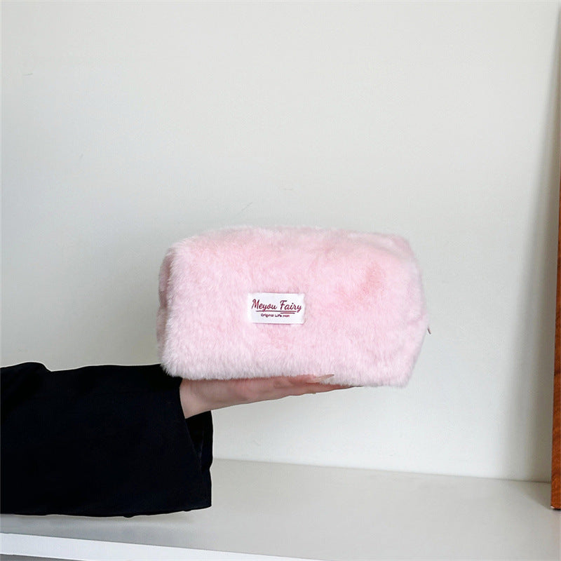 Plush Sweet Solid Color Large Capacity Makeup Bag