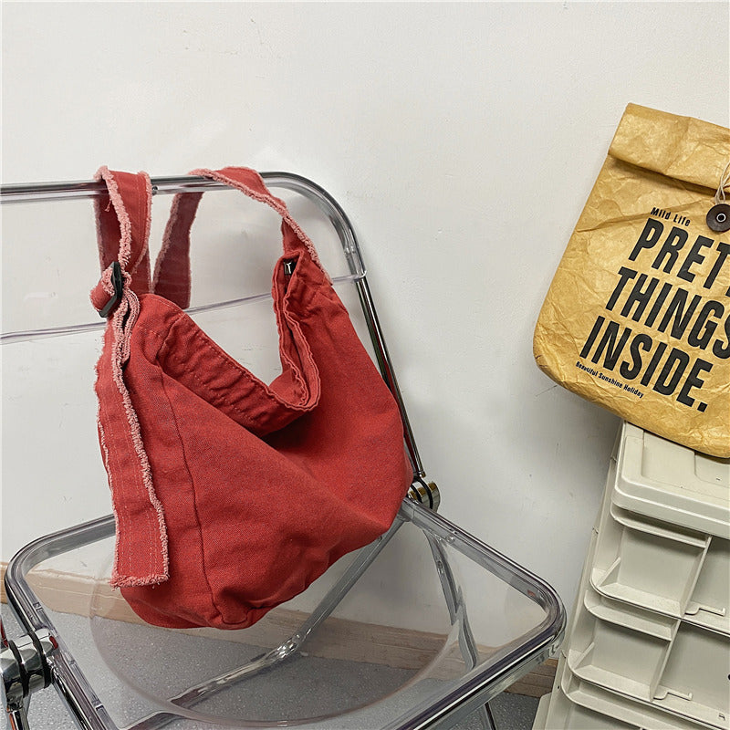 Washed Canvas Raw Edge Distressed Literary Class Idle Style Simple Bags
