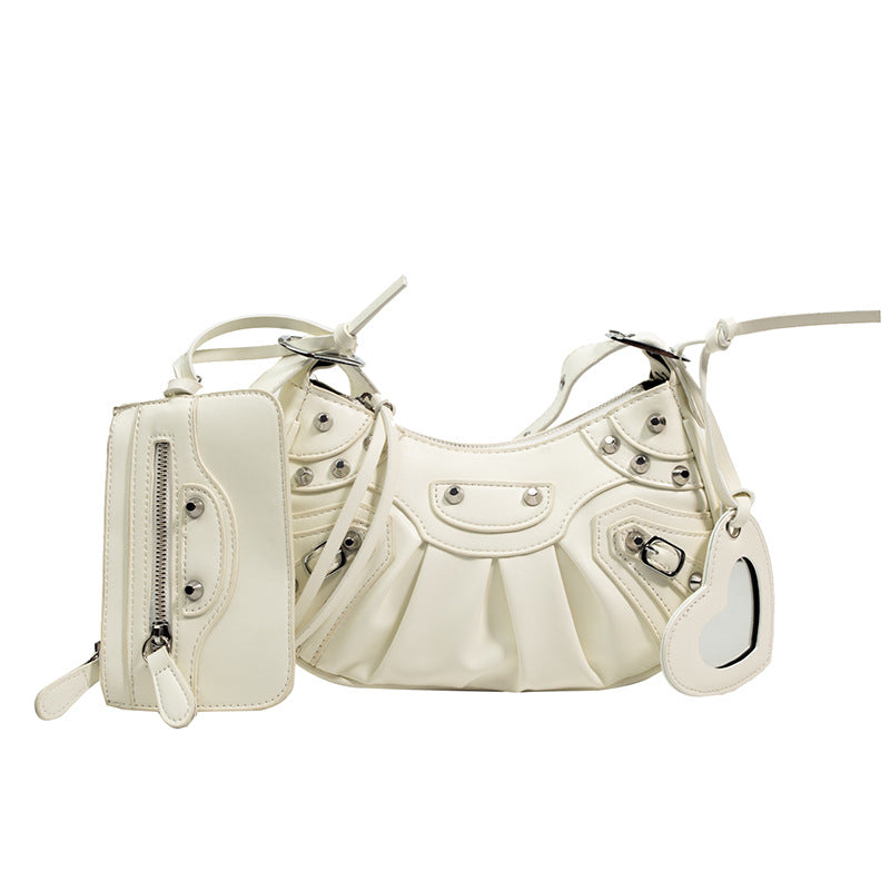 Women's Pleated Crescent Son Mother Retro Rivet Shoulder Bags