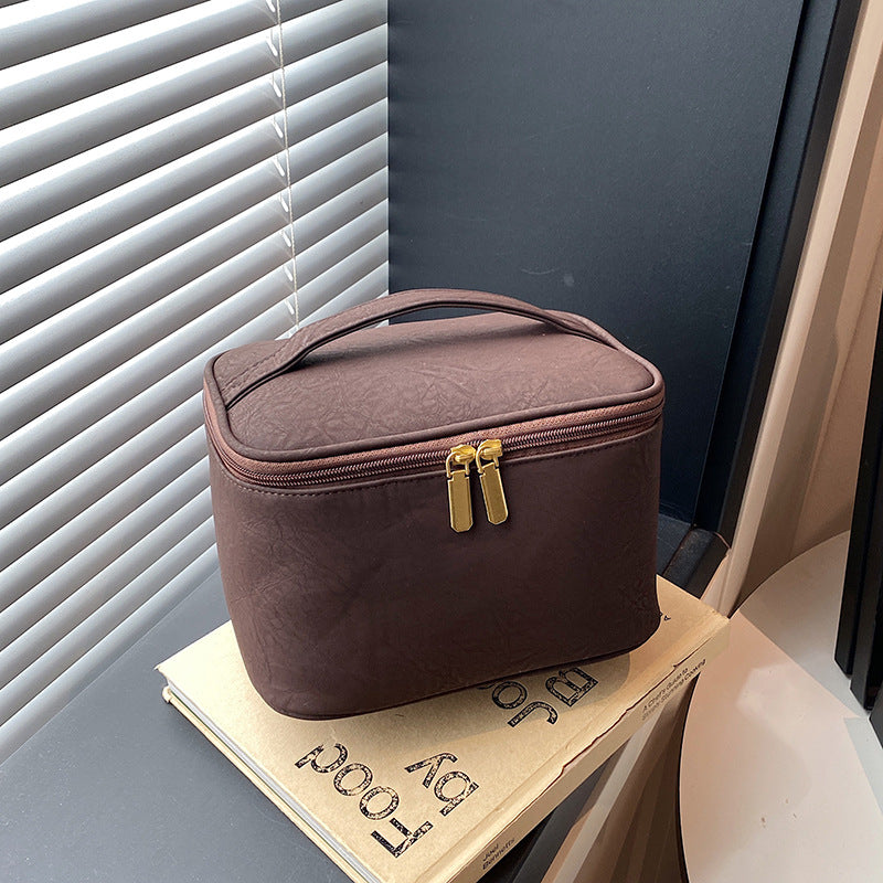 Leather Solid Color Retro Large Capacity Storage Makeup Bag