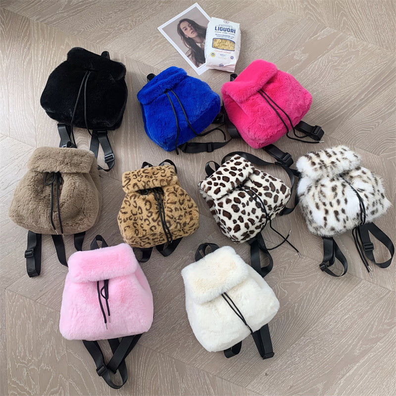 Plush Faux Rabbit Fur Large Capacity Drawstring Leopard Print Handbags