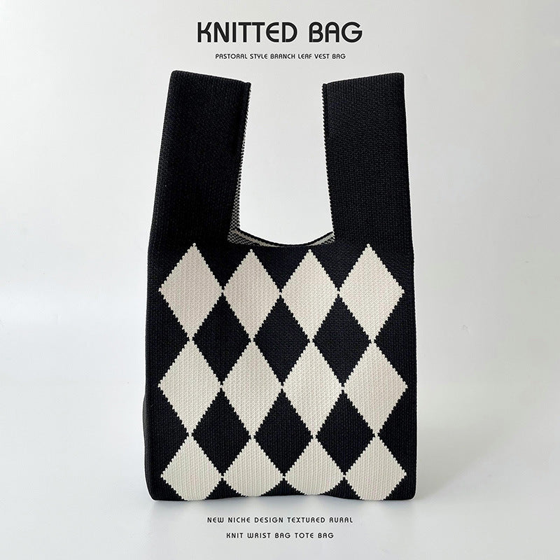 Vest Knitted Black White Rhombus Single Shoulder Bags