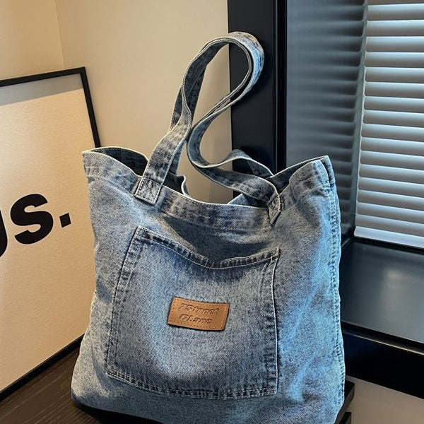 Style Leisure Artistic Washed Denim Cloth Texture Large Crossbody Bags