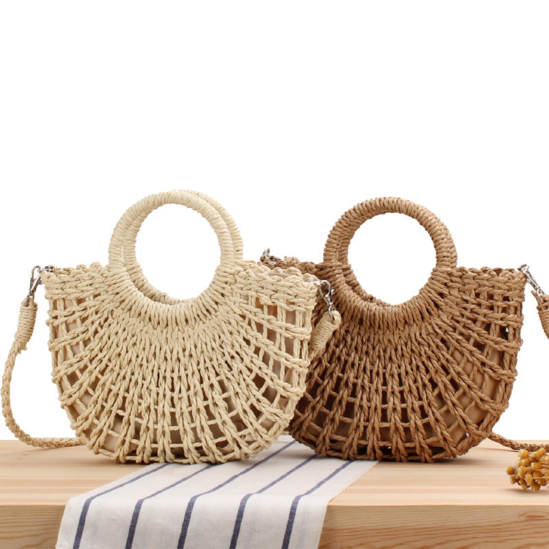 Women's Simple Style Popular Semicircle Hollow Straw Beach Hand-woven Crossbody Bags