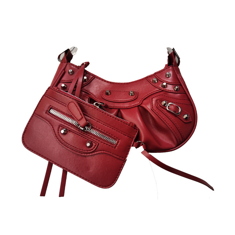 Women's Pleated Crescent Son Mother Retro Rivet Shoulder Bags