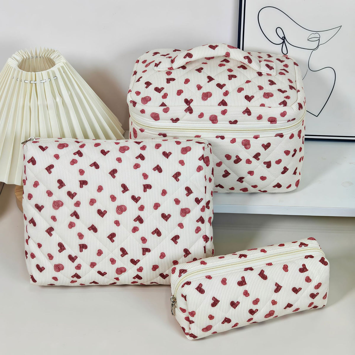 Women's Large Capacity Portable Floral Wash Quilted Cotton Pencil Makeup Bag
