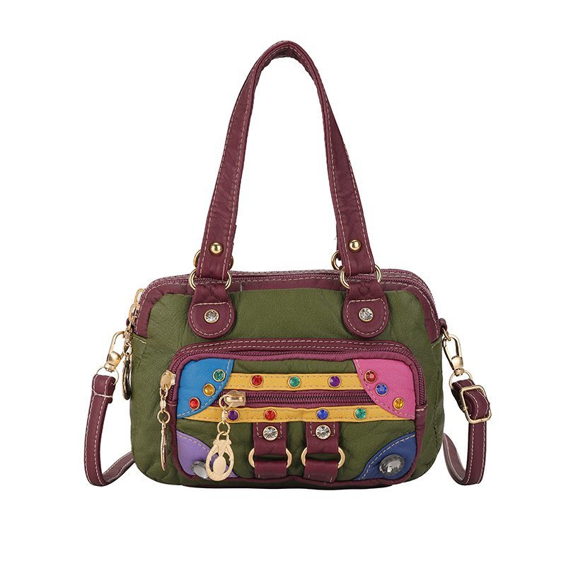 Women's Trendy Soft Washed Leather Color Matching Shoulder Bags