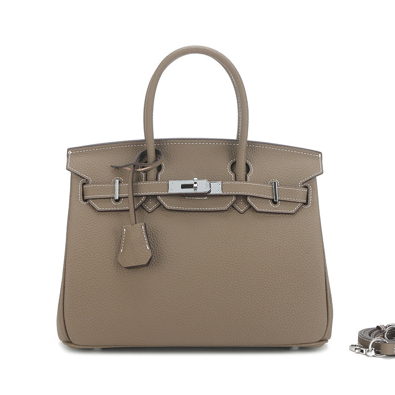 Large Capacity Lychee Pattern Kelly Genuine Cattlehide Leather Handbags