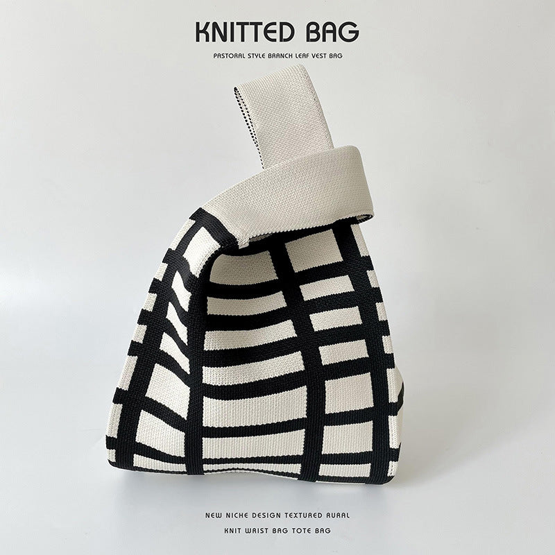 Black White Striped Knitted Hand Holding Versatile Bags
