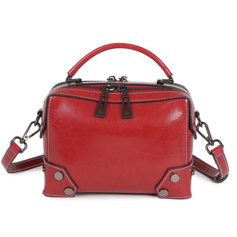 Women's Oil Wax Pure Genuine Leather Fan Shoulder Bags