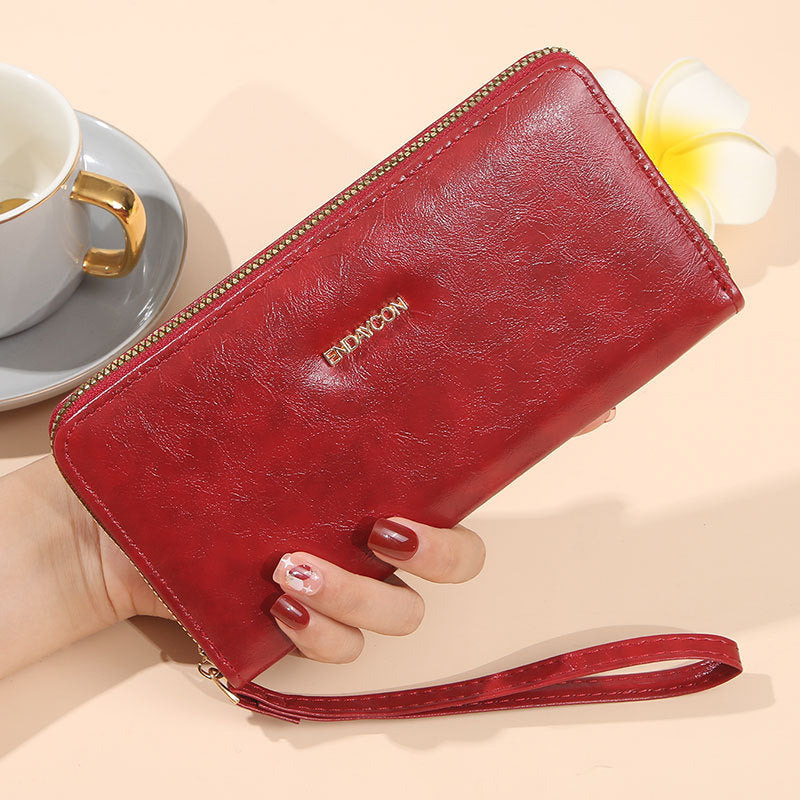 Women's Long Oil Wax Leather Fashion Large Capacity Simple Zipper Ladies Wallet