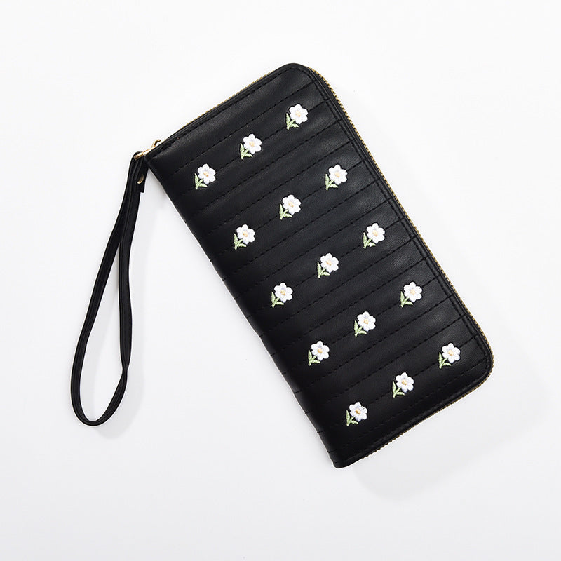 Women's Style Long Single Zipper Embroidered Fresh Sweet Ladies Wallets