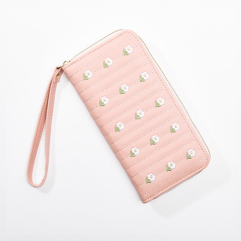 Women's Style Long Single Zipper Embroidered Fresh Sweet Ladies Wallets