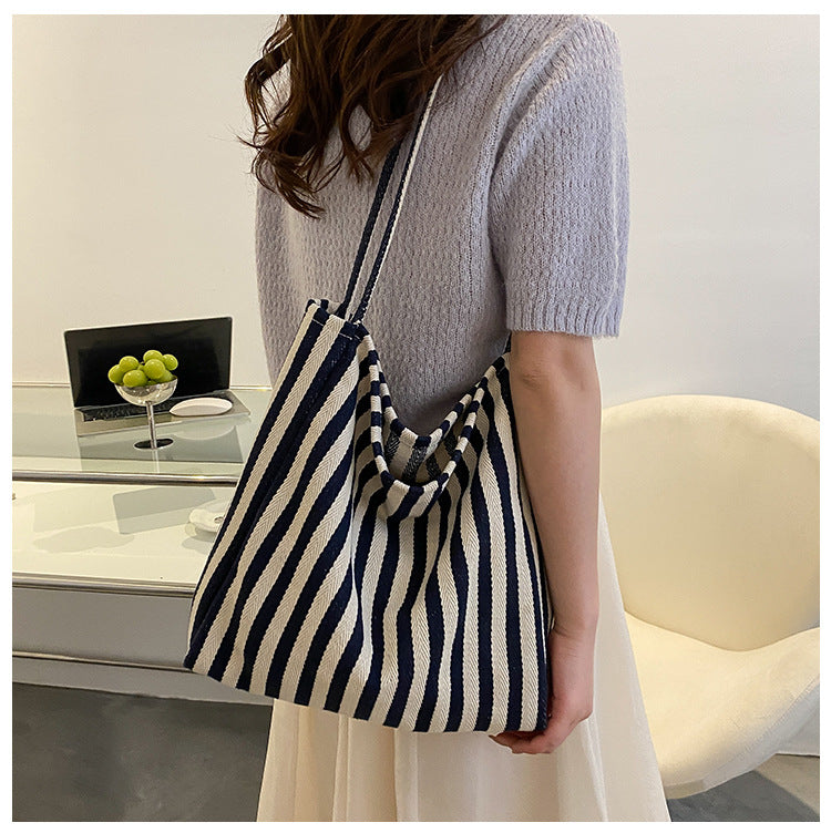 Style Retro Literary Simple Fresh Striped Fashion Large Shoulder Bags