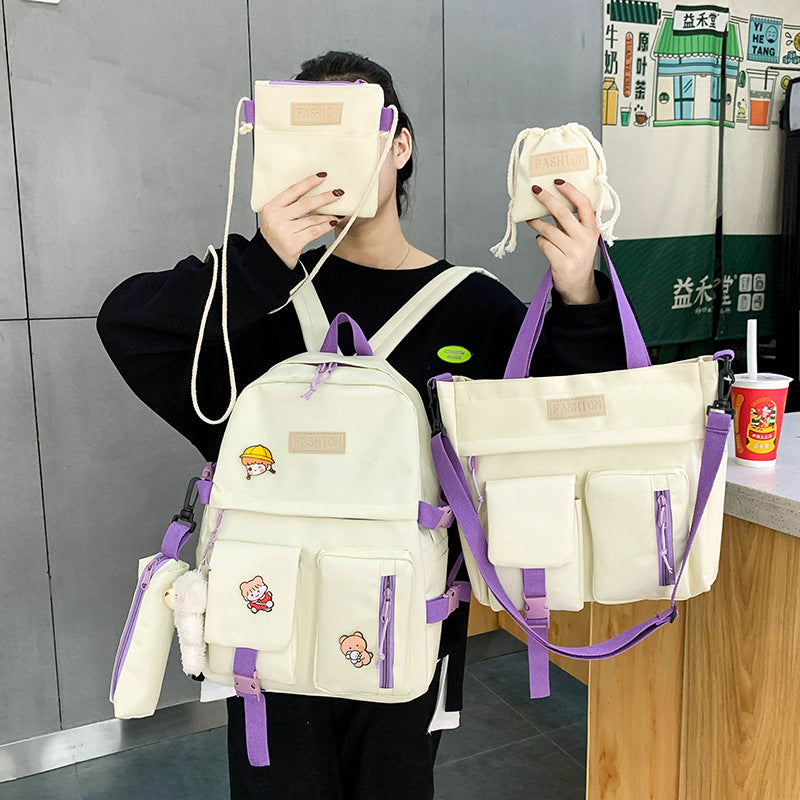 Women's College Korean Contrast Color Canvas For Junior Backpacks