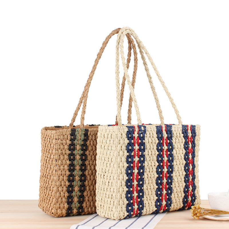Women's Vertical Striped Straw Fashion Summer Vacation Shoulder Bags