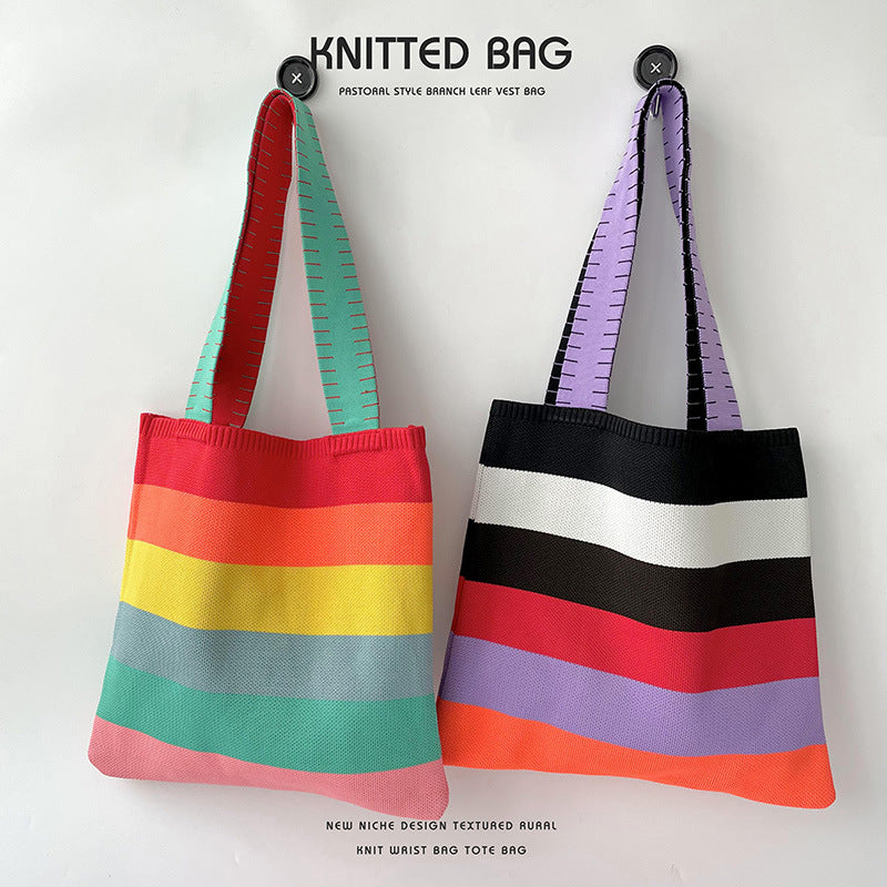 Women's Rainbow Knitted Versatile Large Capacity Commuter Shoulder Bags
