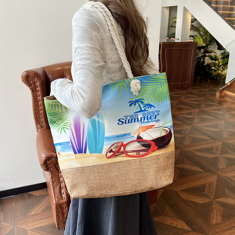Women's Large Capacity Linen Printed Double-sided Cotton Shoulder Bags