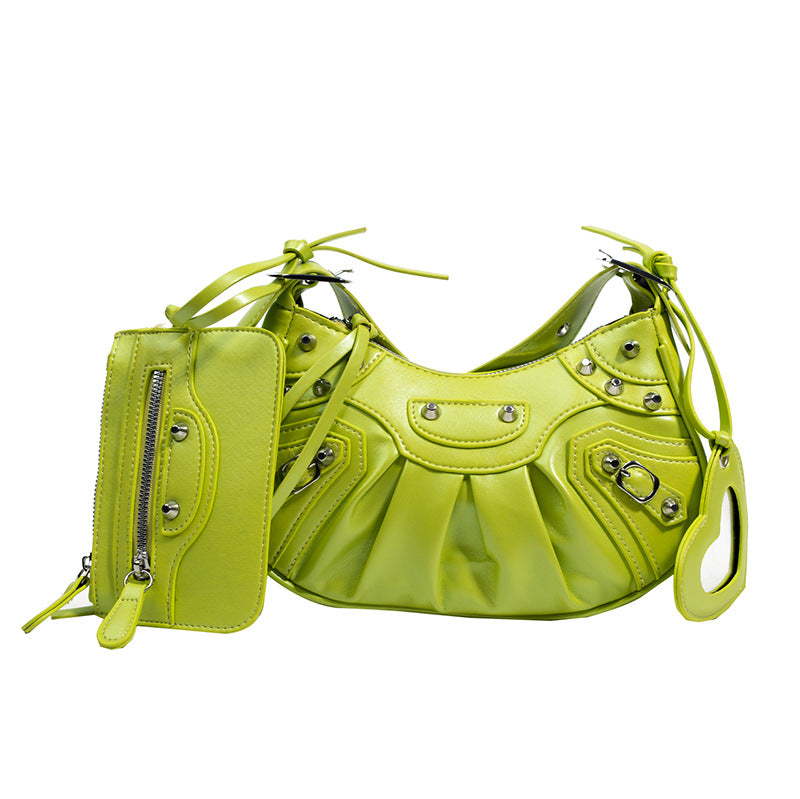 Women's Pleated Crescent Son Mother Retro Rivet Shoulder Bags