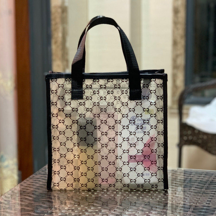 Women's Mesh Flocking Transparent Cutout Large Capacity Handbags