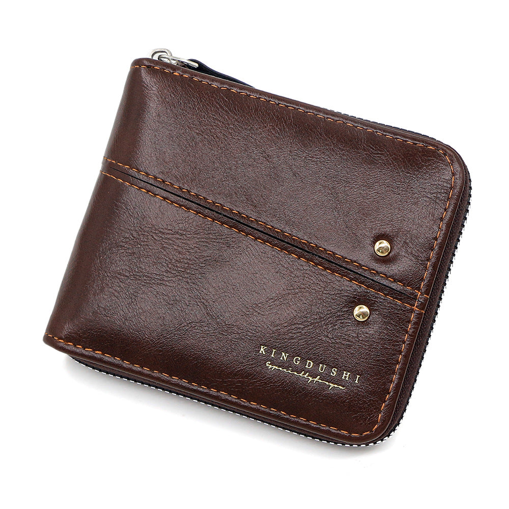 Men's Oil Wax Leather Stitching Short Chain Men's Wallet