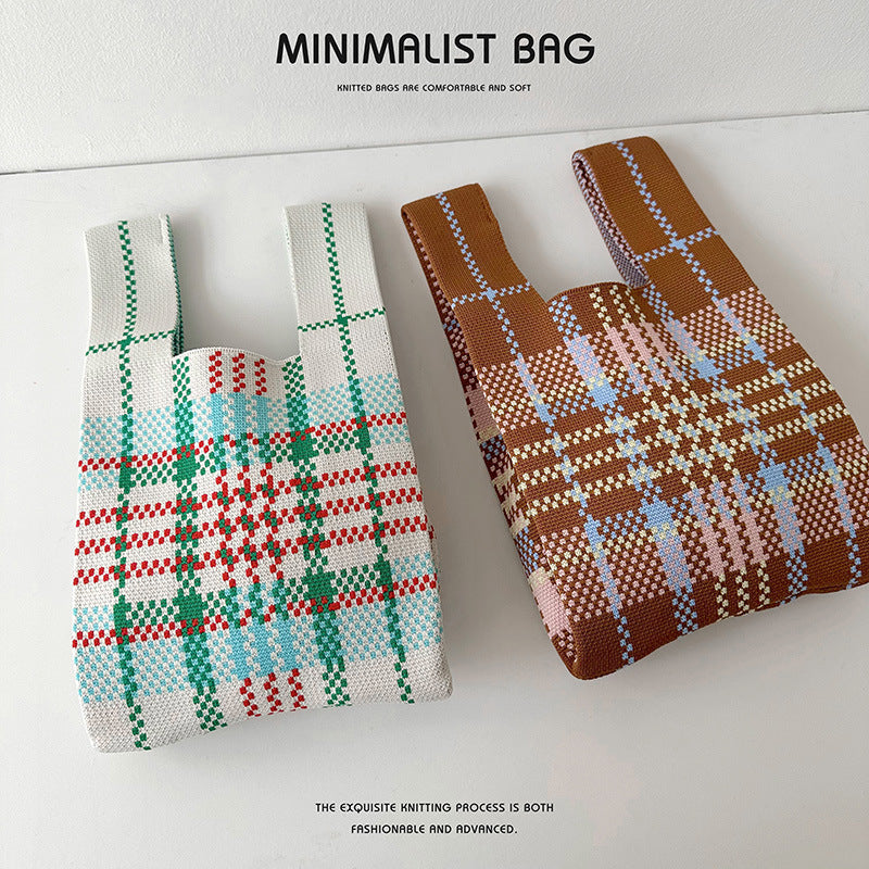Design Color Plaid Knitted Versatile Large Handbags