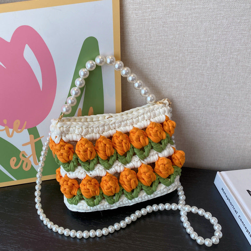 Fairy Style Tulip Hand-woven Strip Thread Material Pearl Crossbody Bags