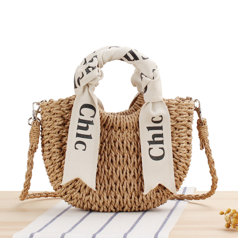 Letter Scarf Portable Papyrus Woven Straw Outing Shoulder Bags