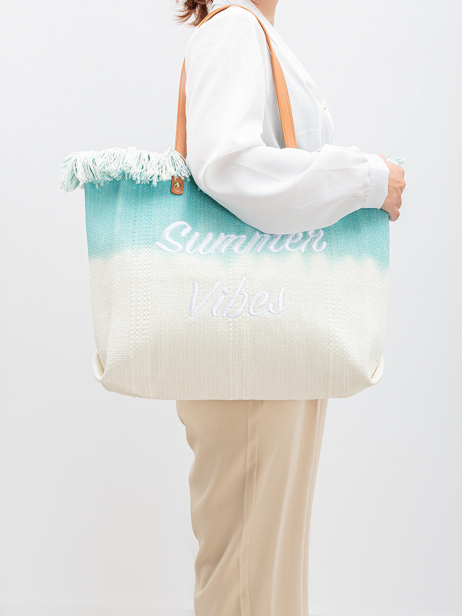 Embroidered Tassel Canvas Magnetic Snap Commuter Shoulder Bags
